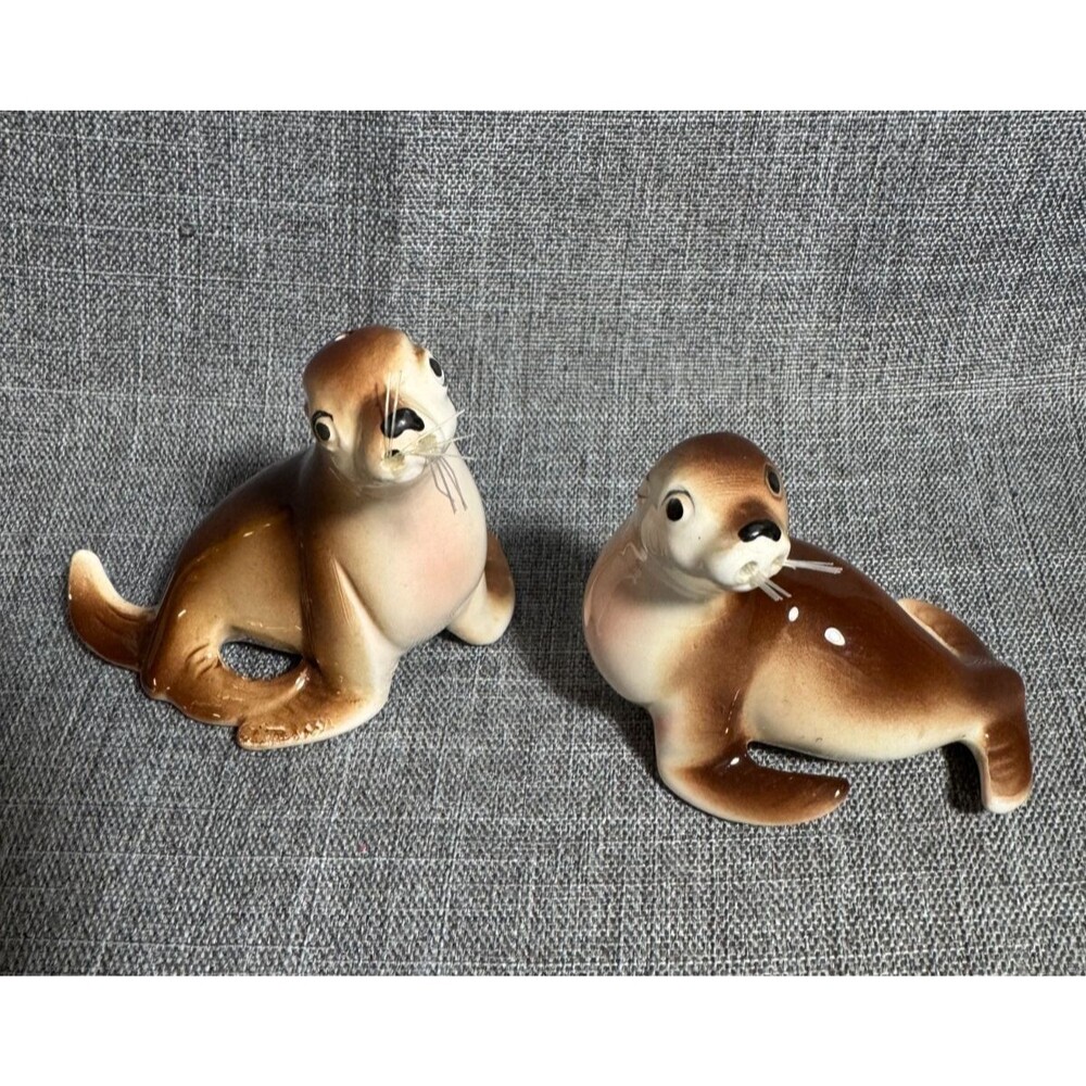 Vintage Japan Sea Lion Seal Salt Pepper Shakers Ceramic Whiskers Mid Century